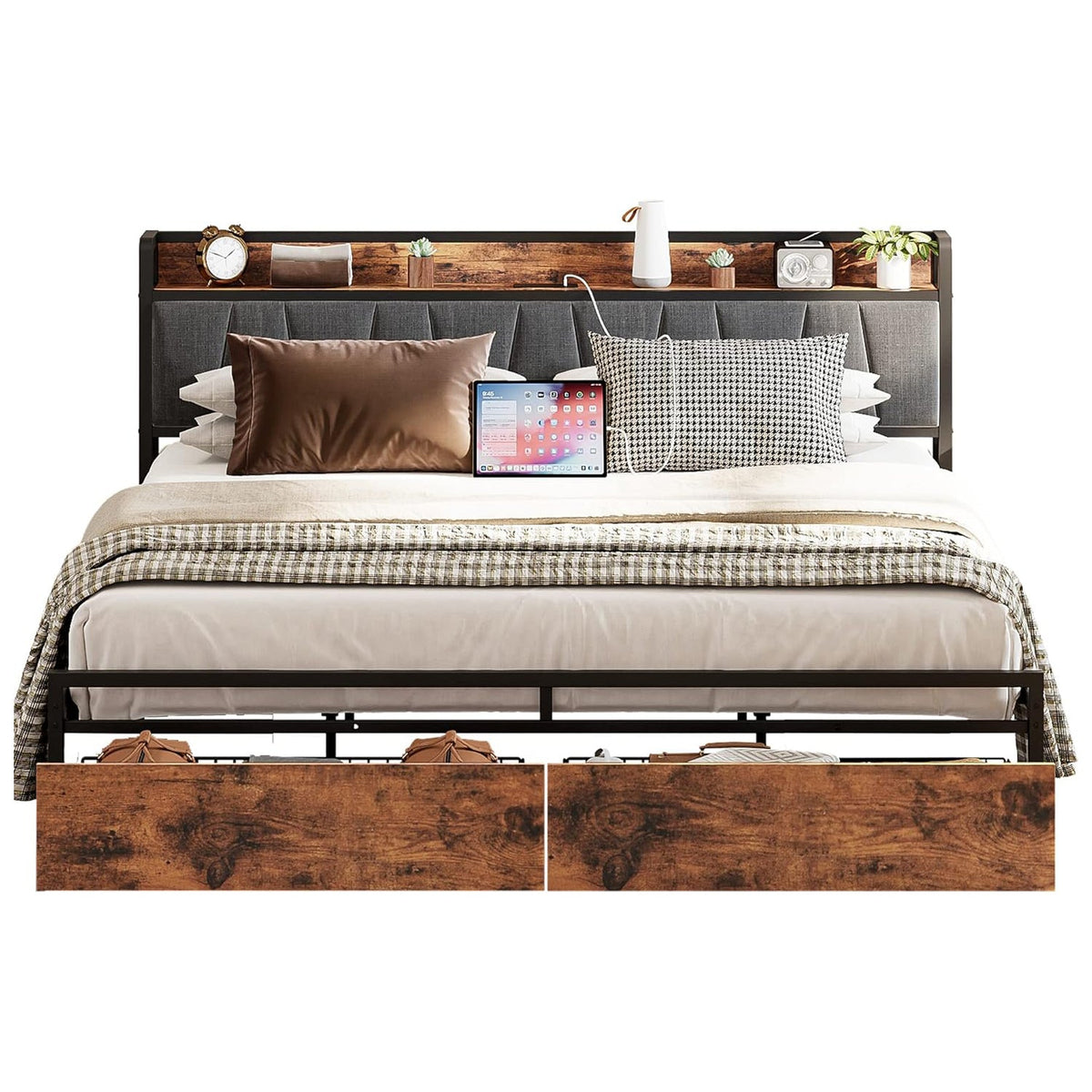 Platform Bed with Storage Headboard and Charging Station