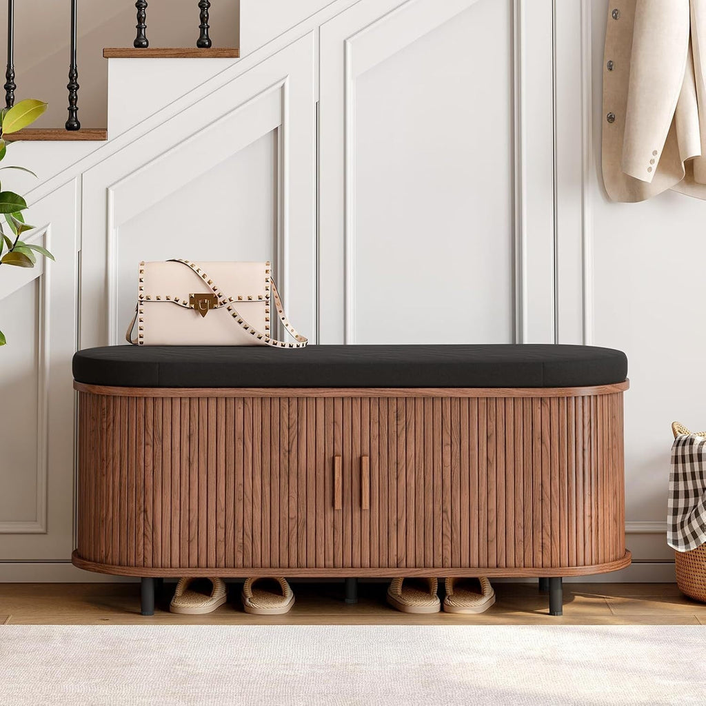 43-Inch Shoe Storage Bench with Cushion and Sliding Door