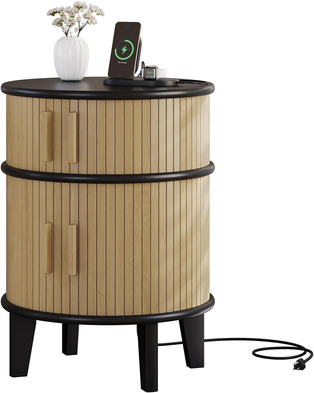Round End Table Nightstand with Charging Station