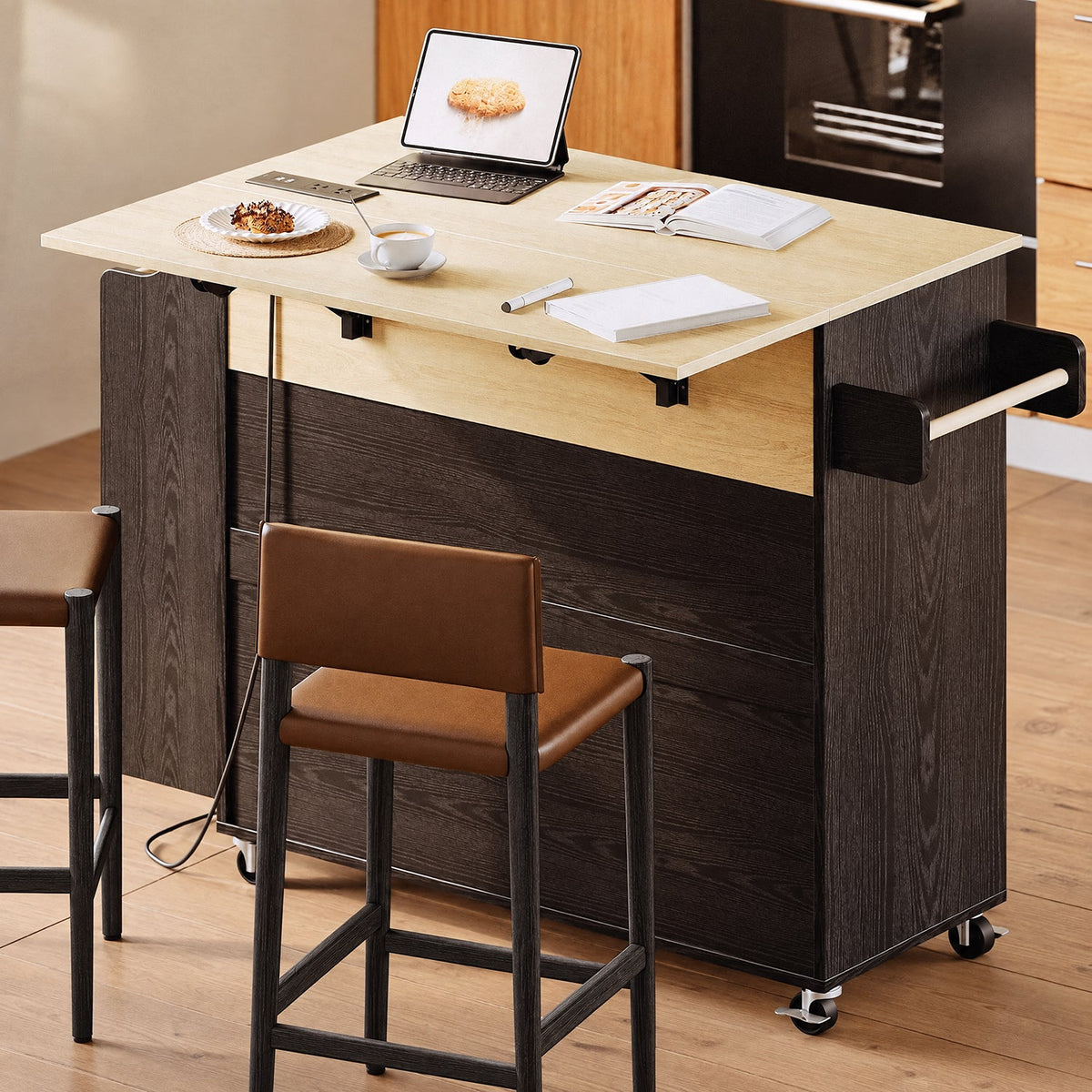 Rolling Kitchen Island with Drop Leaf and Outlet
