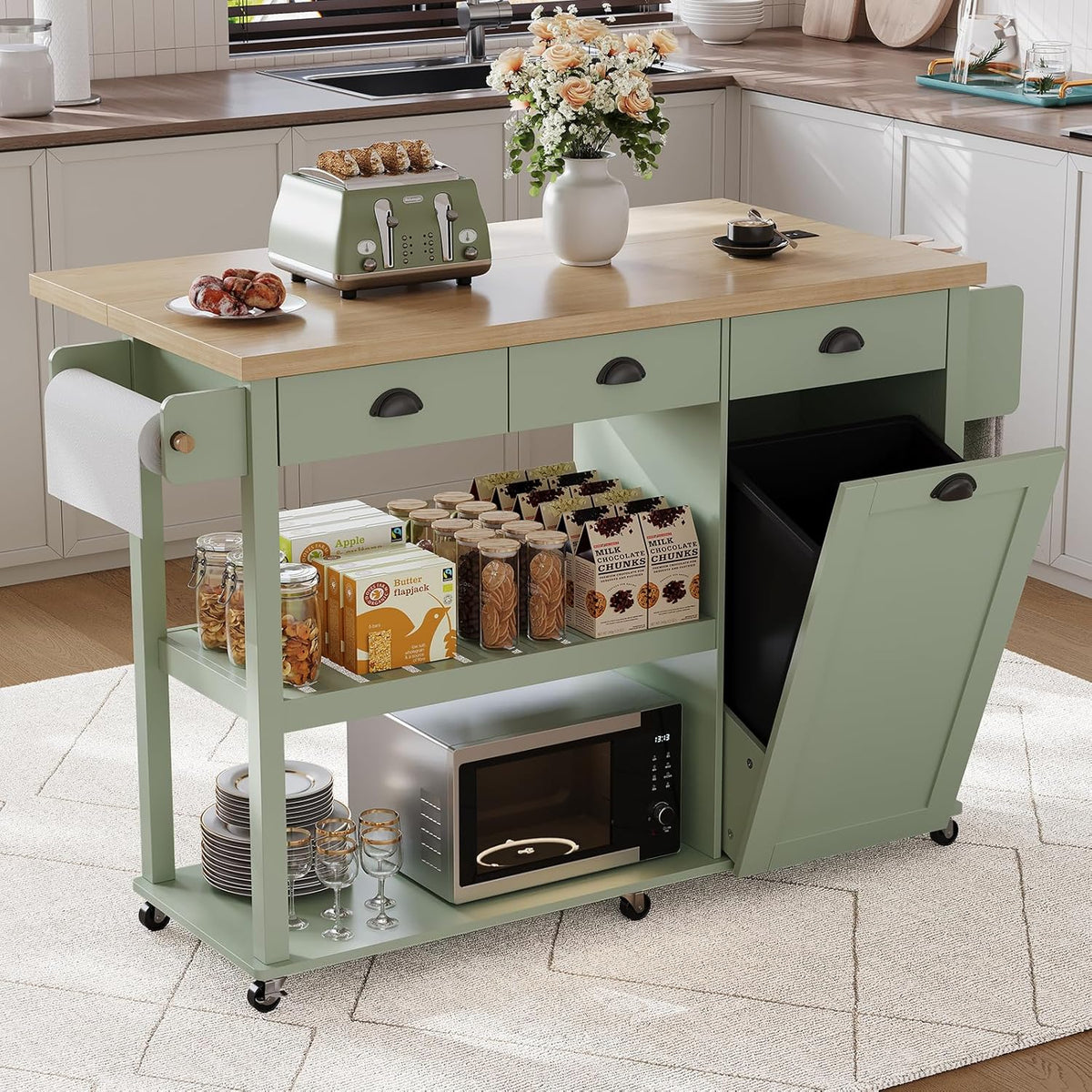 56 Inch Rolling Kitchen Island with Drop Leaf and 3 Drawers