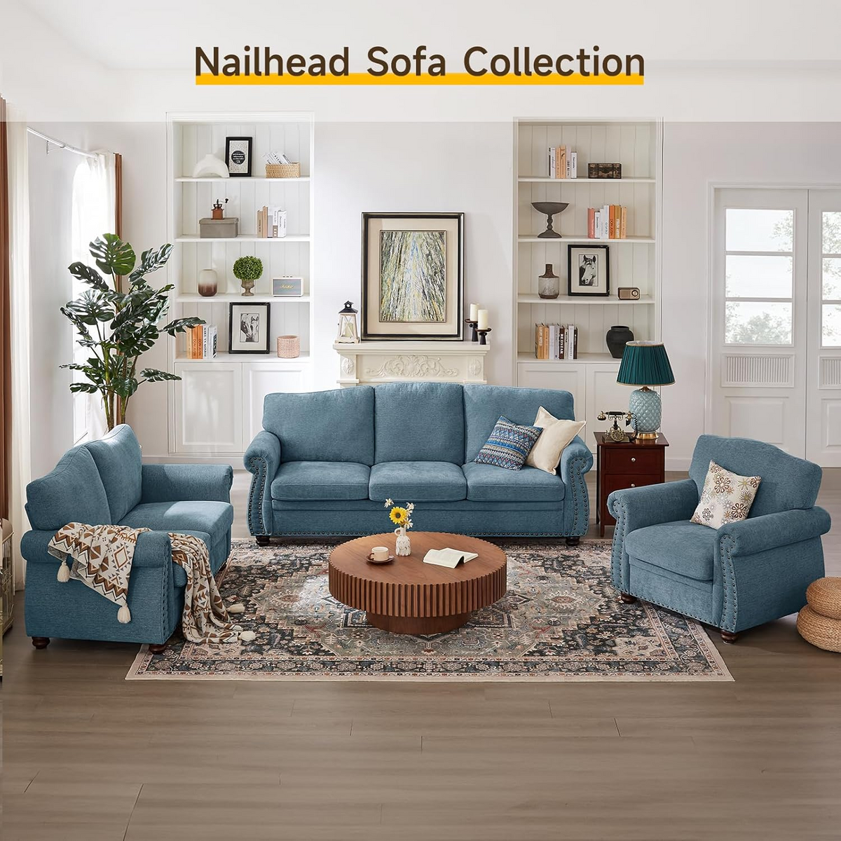 Chenille Nailhead Armchair with Rolled Arms