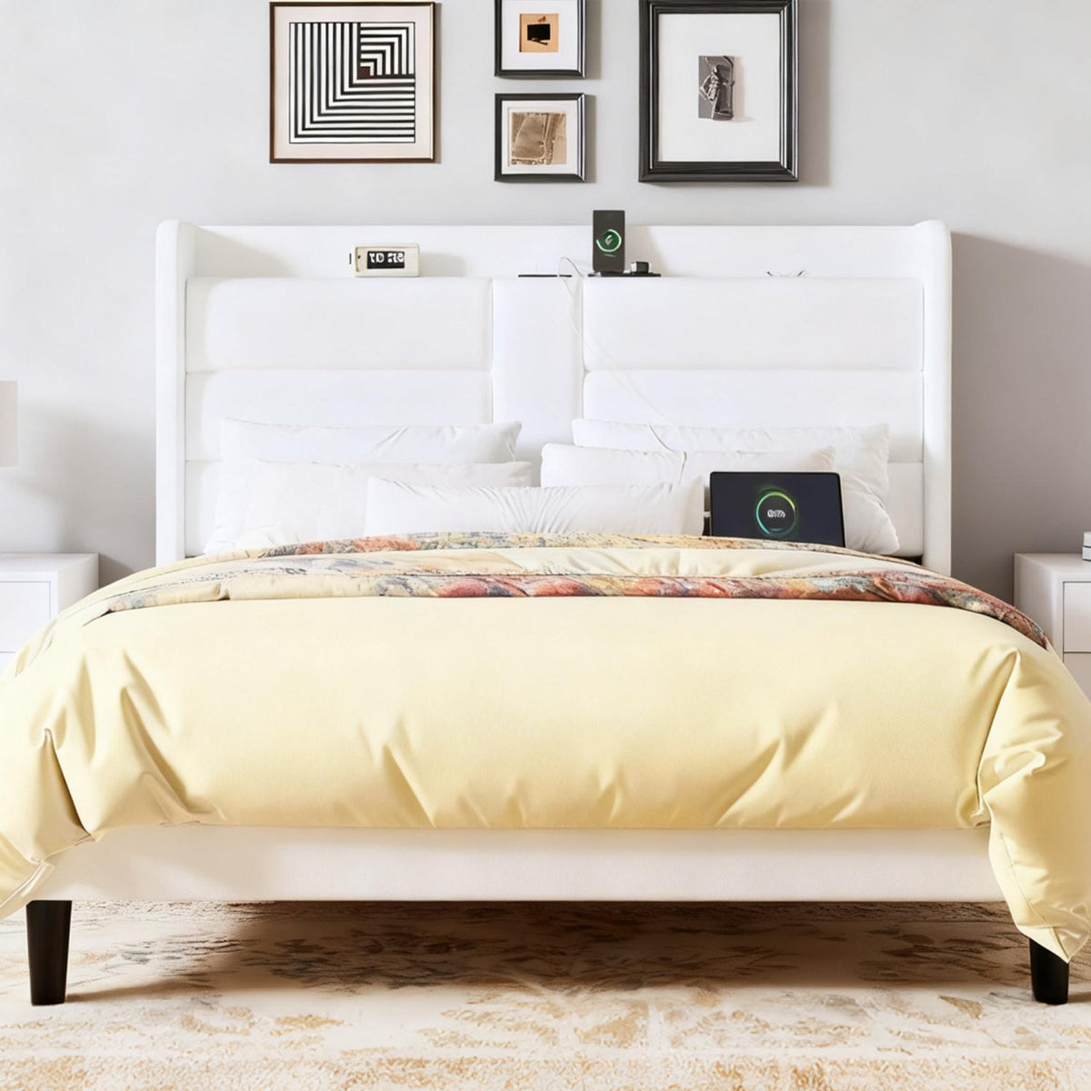 Velvet Wingback Platform Bed with Charging Station