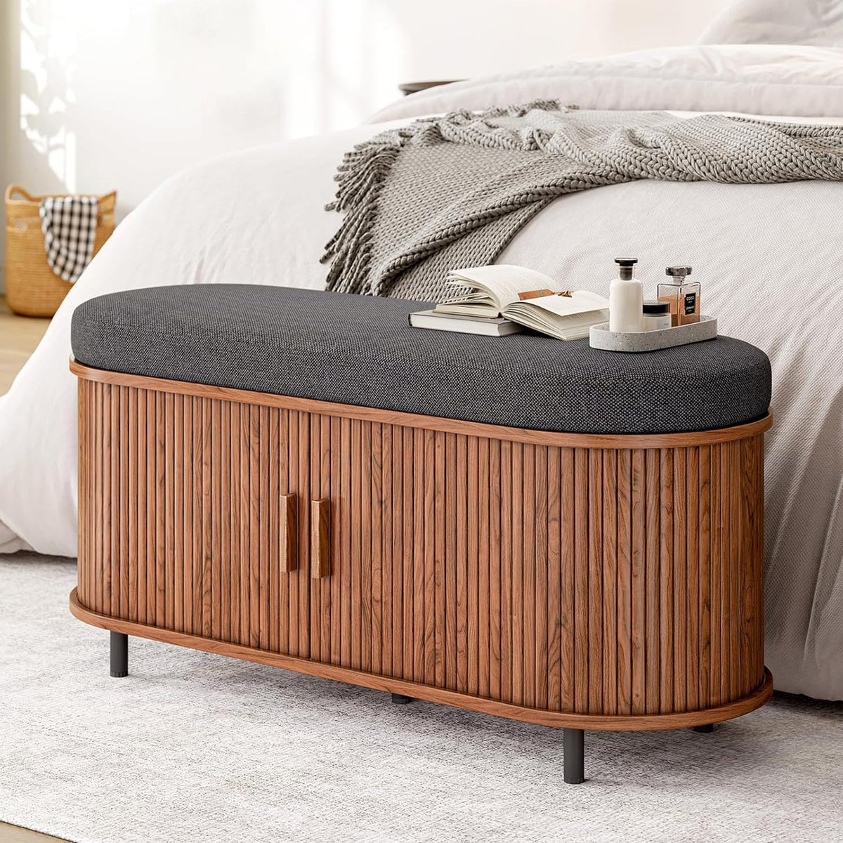 43-Inch Shoe Storage Bench with Cushion and Sliding Door