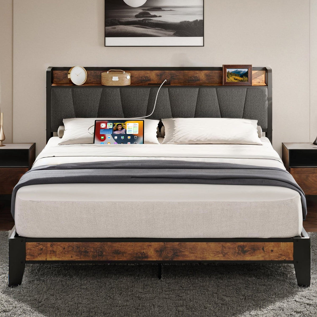 Upholstered Storage Bed Frame with Charging Station