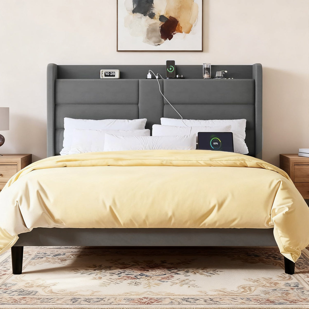 Velvet Wingback Platform Bed with Charging Station