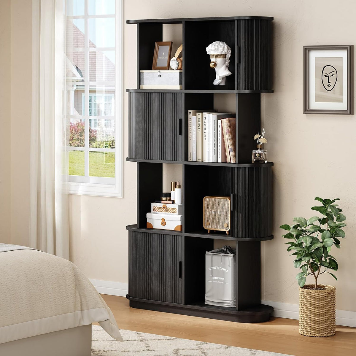 4-Tier Mid-Century Bookshelf with Sliding Door