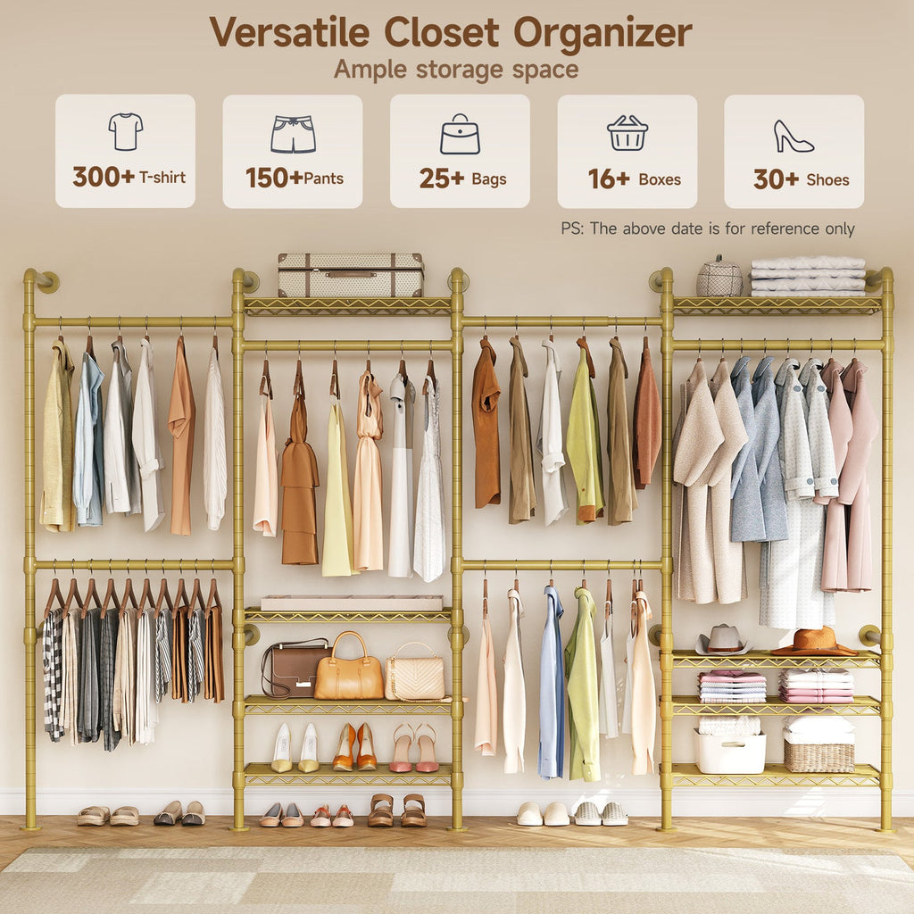Wall Mounted Closet System with 4 Rods and 8 Shelves