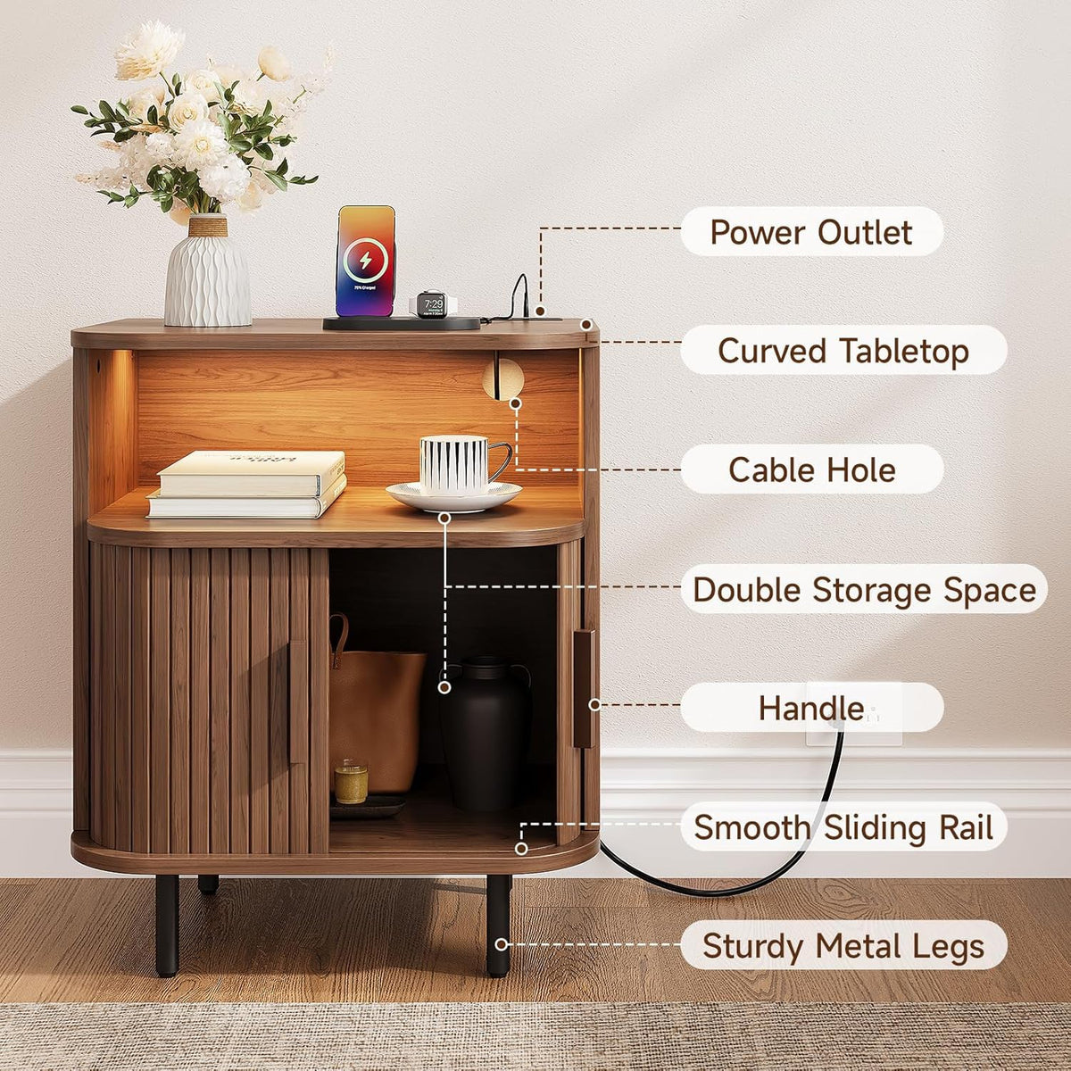 LED Fluted Nightstand with Charging Station