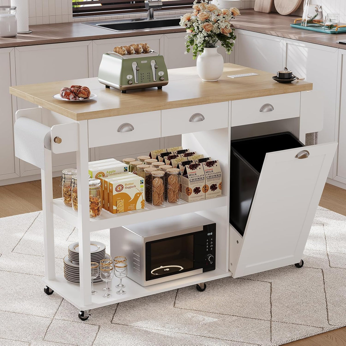 56 Inch Rolling Kitchen Island with Drop Leaf and 3 Drawers