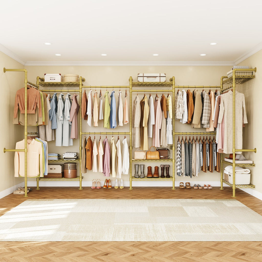 Wall Mounted Closet System with 6 Rods and 9 Shelves