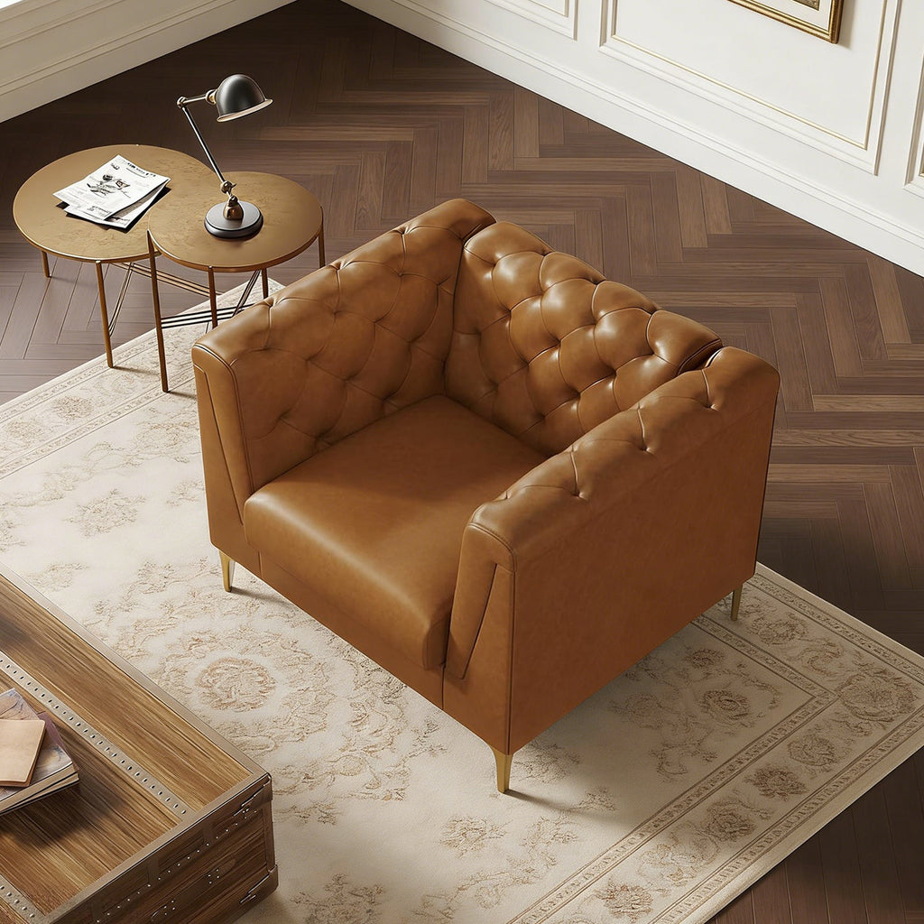 Mid-Century Faux Leather Deep-Seat Sofa