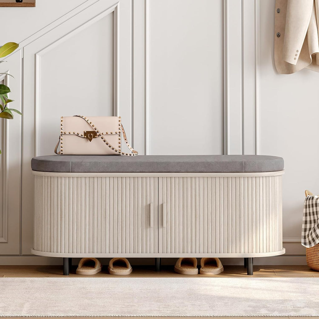43-Inch Shoe Storage Bench with Cushion and Sliding Door
