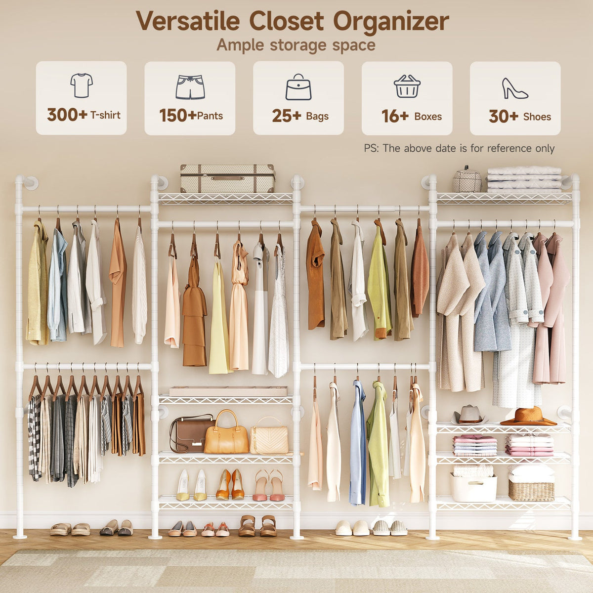 Wall Mounted Closet System with 4 Rods and 8 Shelves