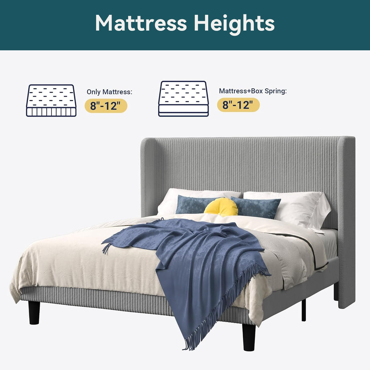 Corduroy Velvet Upholstered Bed with Wingback Headboard