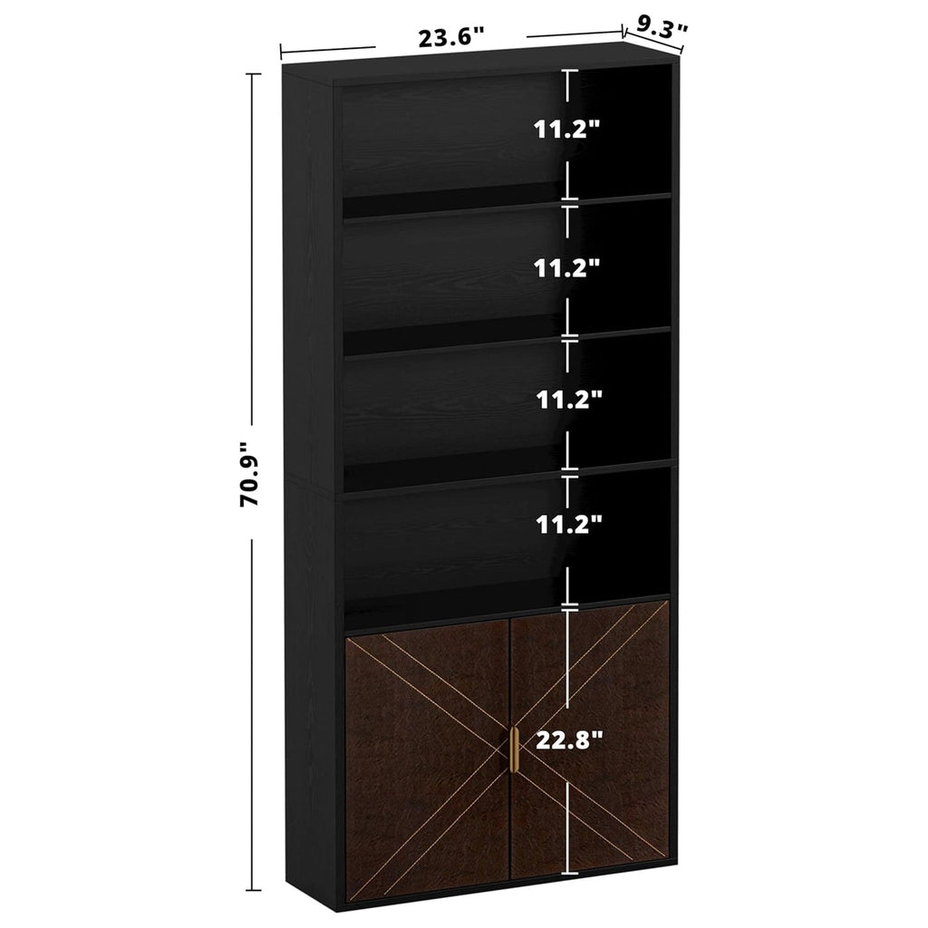 70 Inch Tall Bookshelf with Leather Doors, 6-Tier