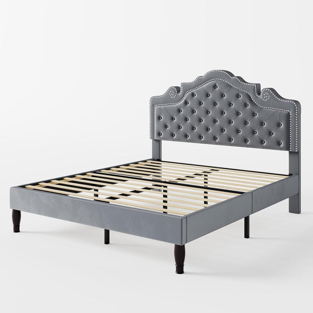 Button Tufted Velvet Platform Bed, Adjustable Headboard