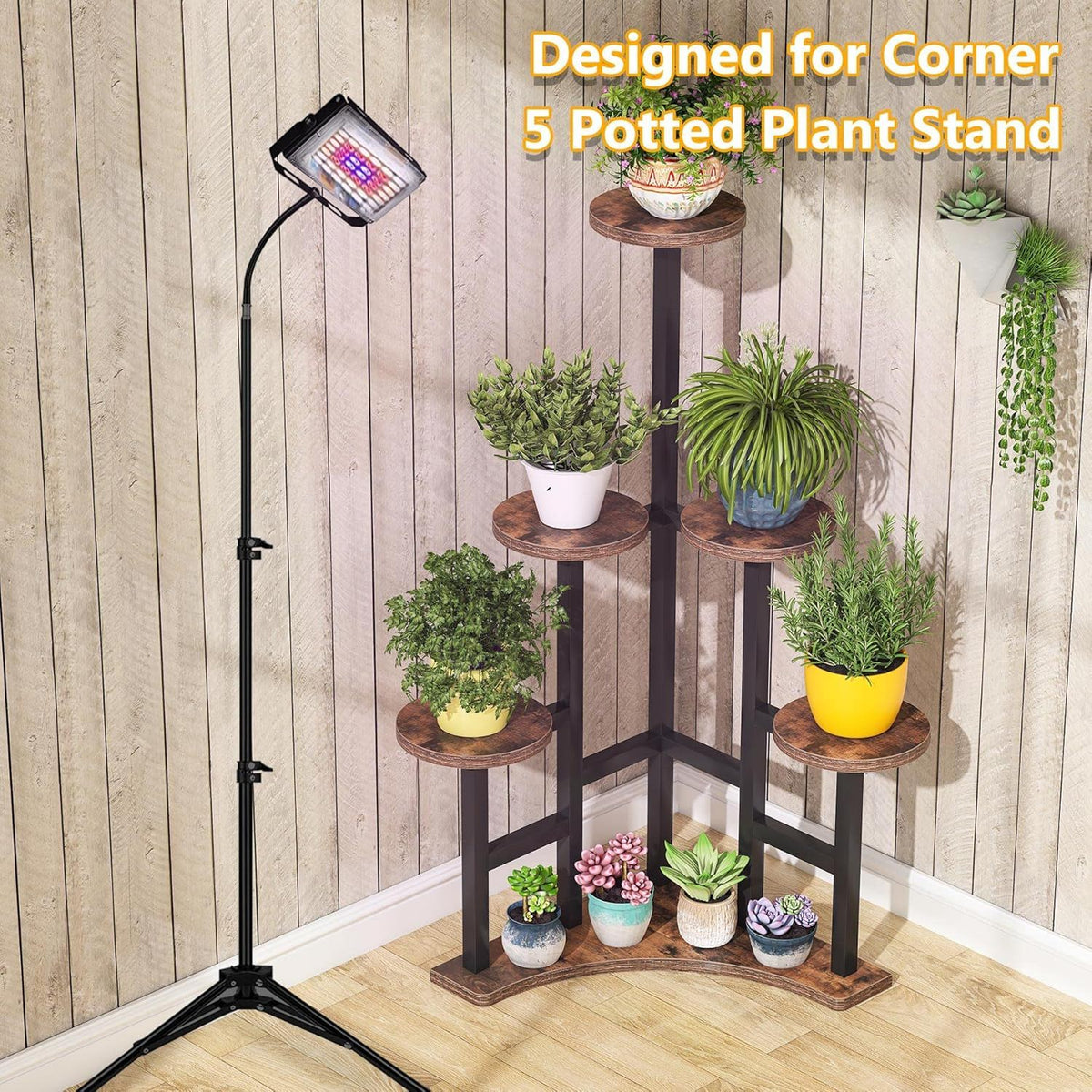 6-Tier Corner Plant Shelf with Frame, Rustic Brown