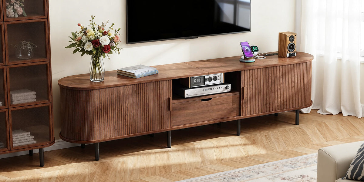 86 Inch TV Stand with Sliding Doors and Charging Station