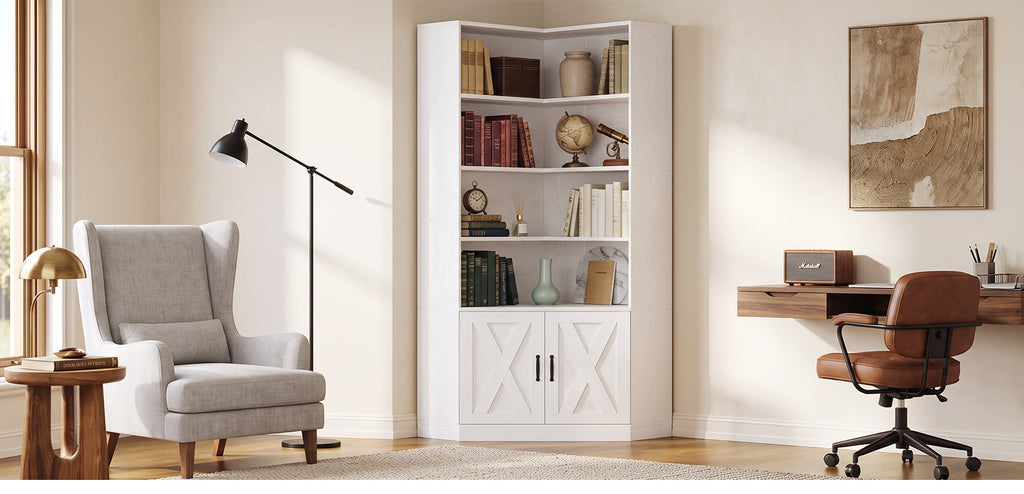 72.7-Inch Tall Corner Bookshelf with Door, 6-Tier