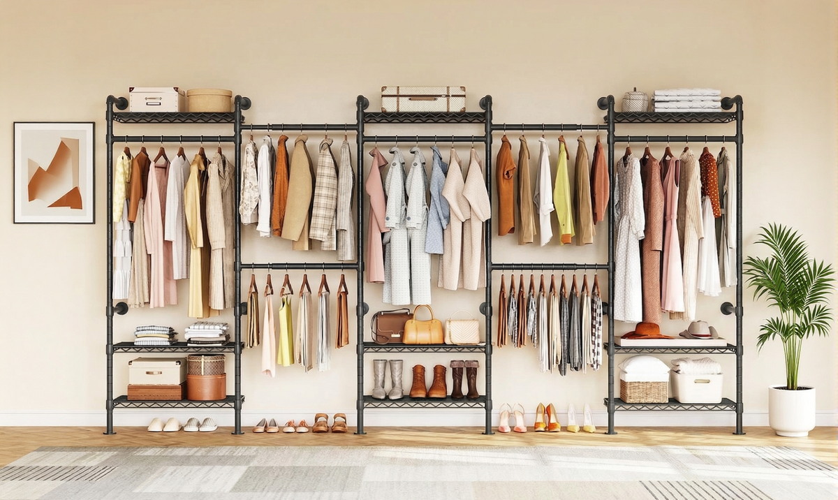 Wall Mounted Closet System with 4 Rods and 9 Shelves