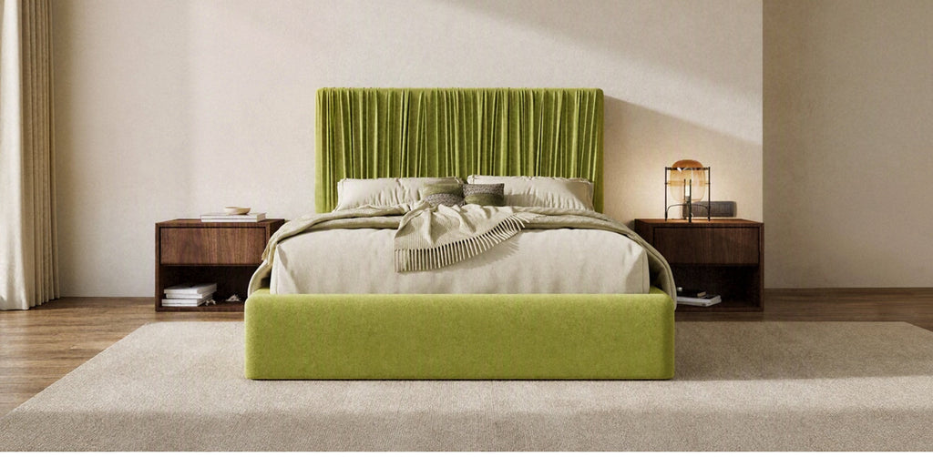 Velvet Floor Platform Bed with Pleated Headboard