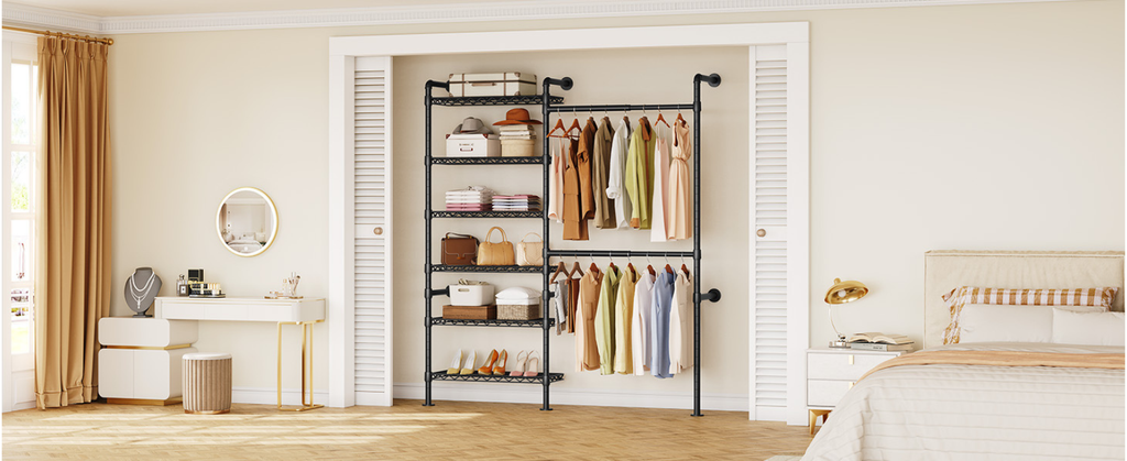 Industrial Pipe Wall Mounted Clothes Rack, 2 Rods 6 Shelves