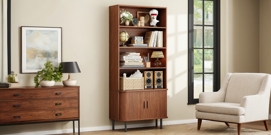 71 Inch 4-Tier Tall Bookcase with Sliding Door Cabinet