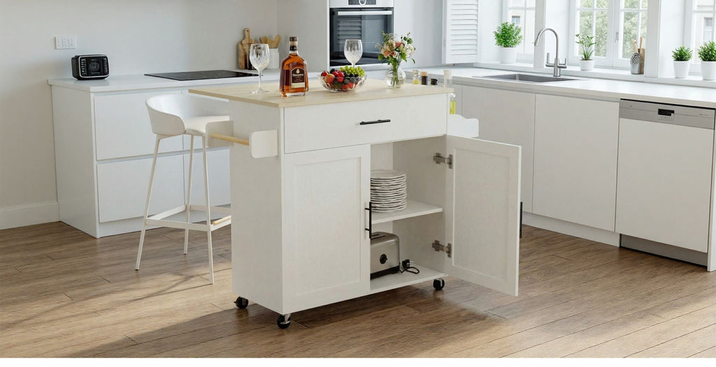 Rolling Kitchen Island with Drop Leaf and Towel Rack