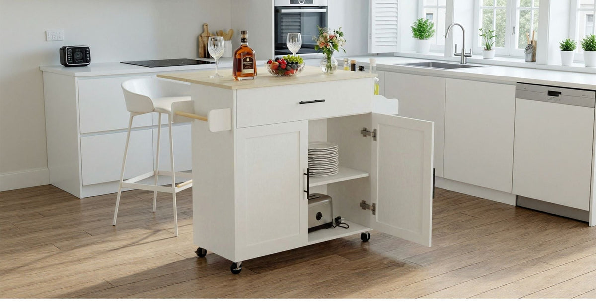 Rolling Kitchen Island with Drop Leaf and Towel Rack
