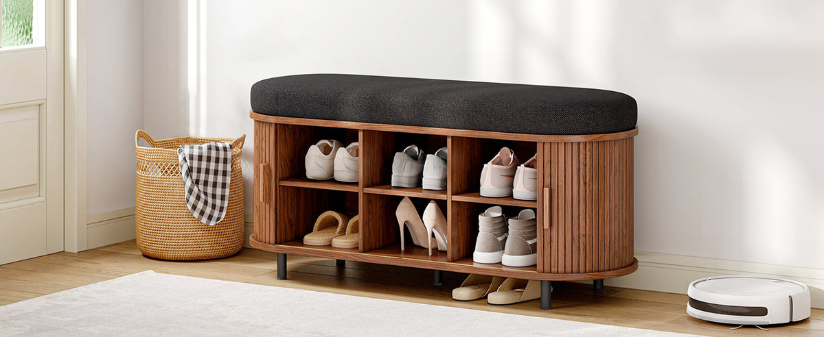 43-Inch Shoe Storage Bench with Cushion and Sliding Door