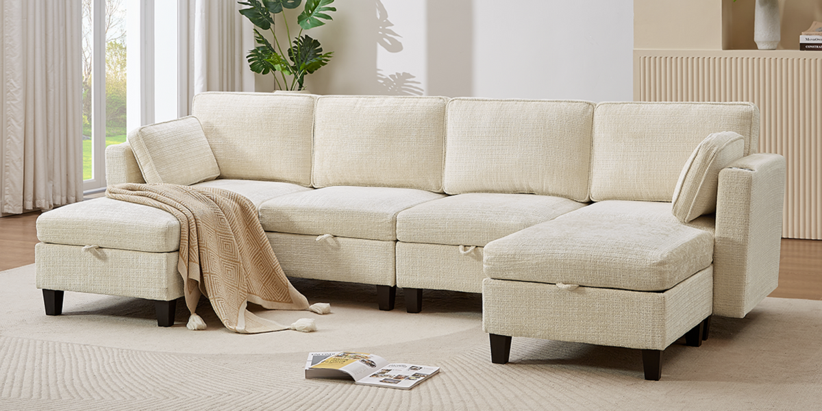 110 Inch U-Shaped Modular Chenille Sleeper Sectional