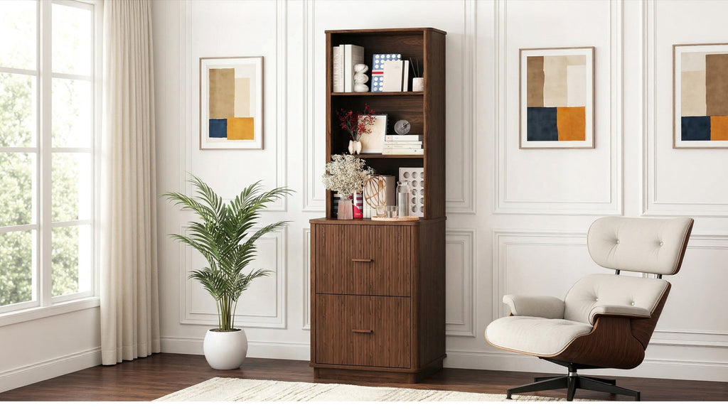 71 in Tall Fluted Bookcase with File Drawers