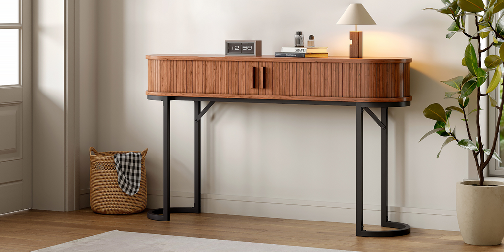 55-Inch Fluted Console Table with Sliding Tambour Doors