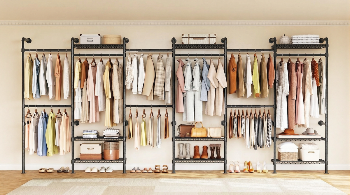 Wall Mounted Closet System with 6 Rods and 9 Shelves