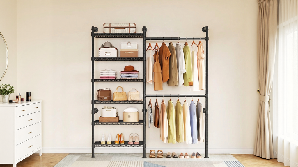 Industrial Pipe Wall Mounted Clothes Rack, 2 Rods 6 Shelves