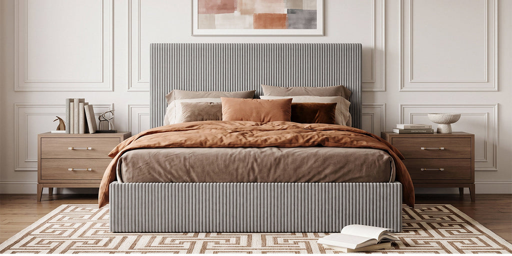 Corduroy Platform Bed Frame with Channel Tufted Headboard