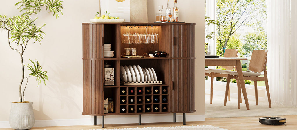 Wine Bar Cabinet with LED Lights and Charging Station