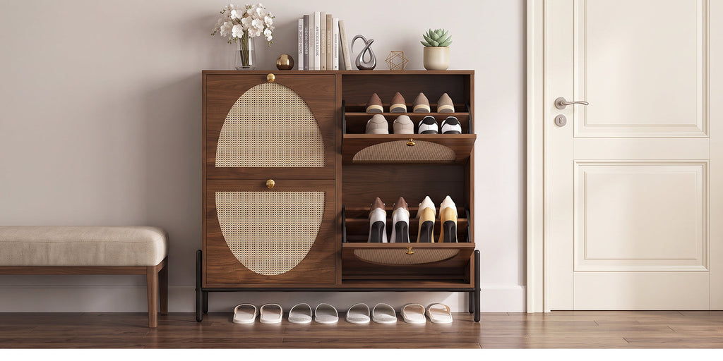 Shoe Storage Cabinet with 4 Rattan Flip Drawers