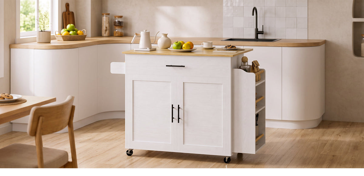Rolling Kitchen Island with Drop Leaf and Outlet