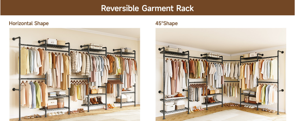 Wall Mounted Closet System with 6 Rods and 9 Shelves