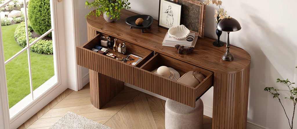 55-Inch Fluted Oval Console Table with 2 Drawers