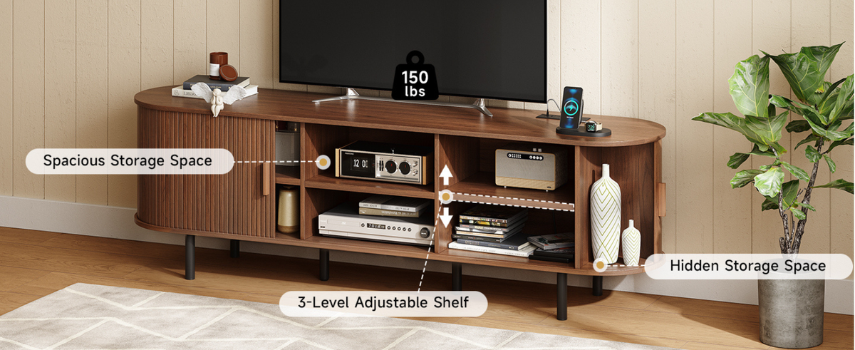 70 Inch TV Stand with Sliding Doors and Power Outlet