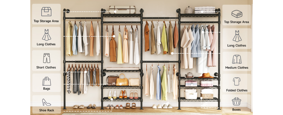 Wall Mounted Closet System with 4 Rods and 8 Shelves