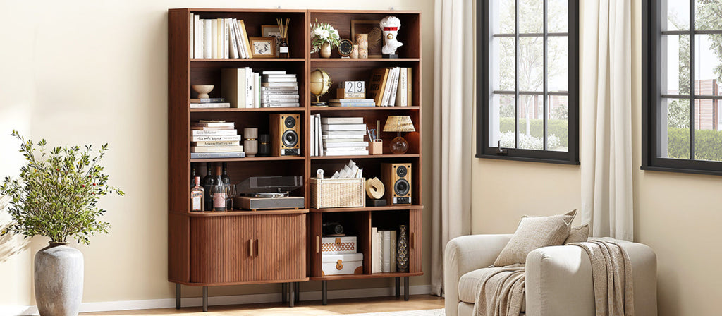 71 Inch 4-Tier Tall Bookcase with Sliding Door Cabinet