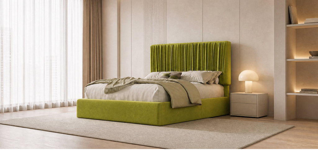 Velvet Floor Platform Bed with Pleated Headboard