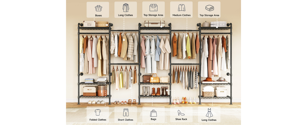 Wall Mounted Closet System with 4 Rods and 9 Shelves