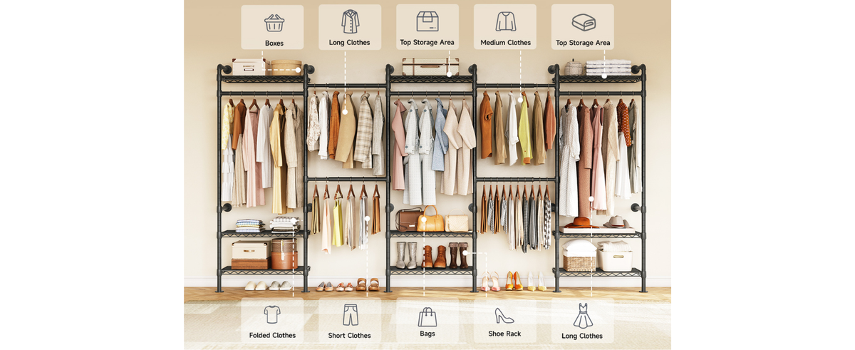 Wall Mounted Closet System with 4 Rods and 9 Shelves