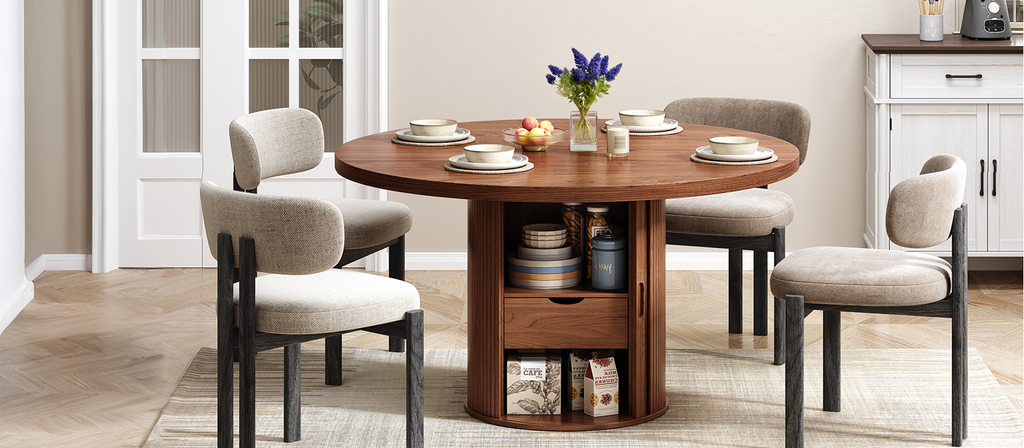 Round Farmhouse Dining Table for 4 to 6 with Storage