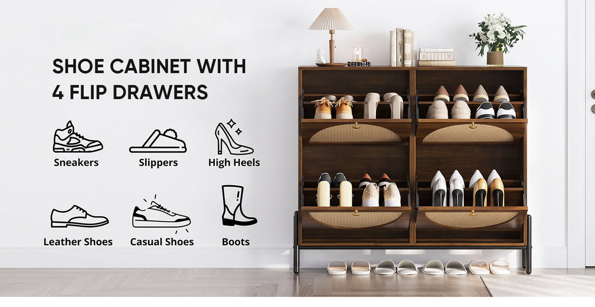 Shoe Storage Cabinet with 4 Rattan Flip Drawers